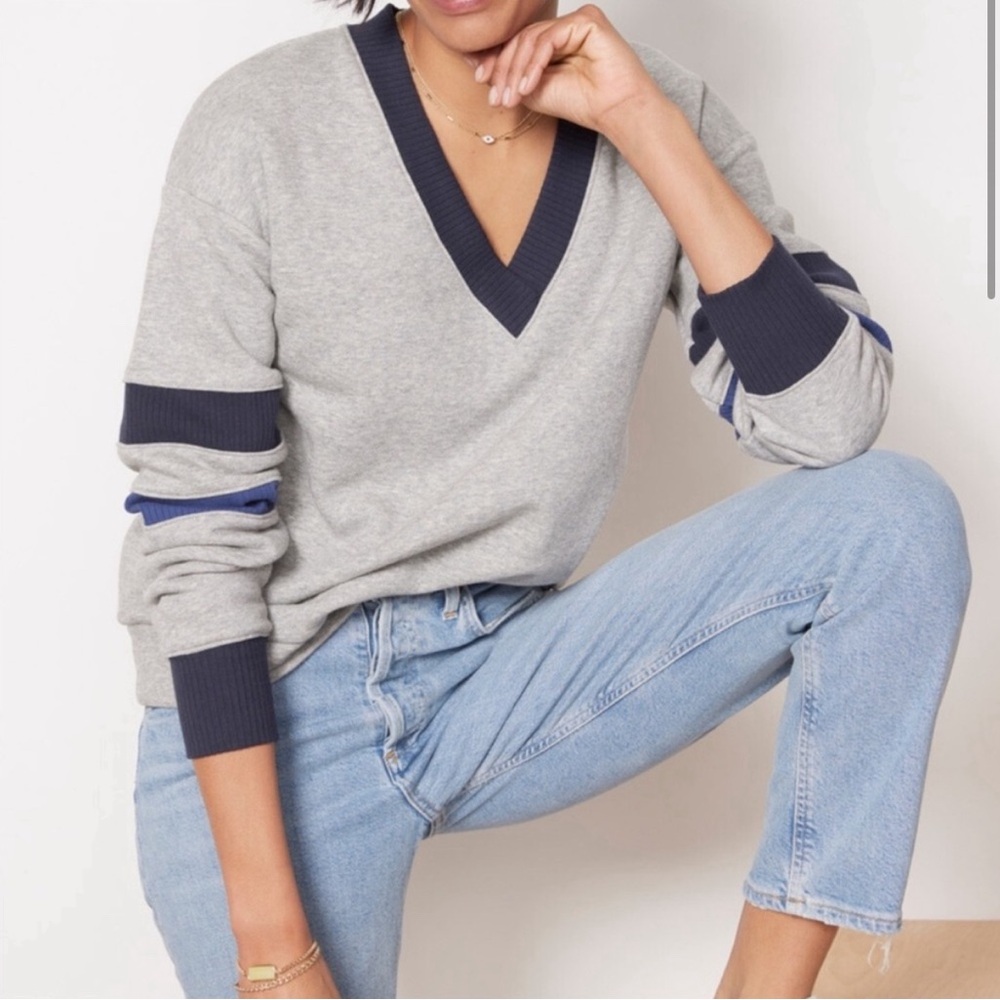 Evereve Varsity V Neck Sweatshirt with Blue Rugby Stripes